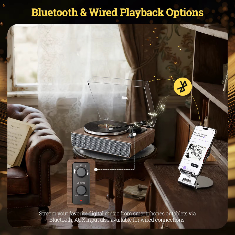 XJ-HOME XJ-H02 Vinyl-Plattenspieler in Braun mit Bluetooth und 4 integrierten Stereo-Lautsprechern sowie RCA Line Out und AUX In - Bild 4