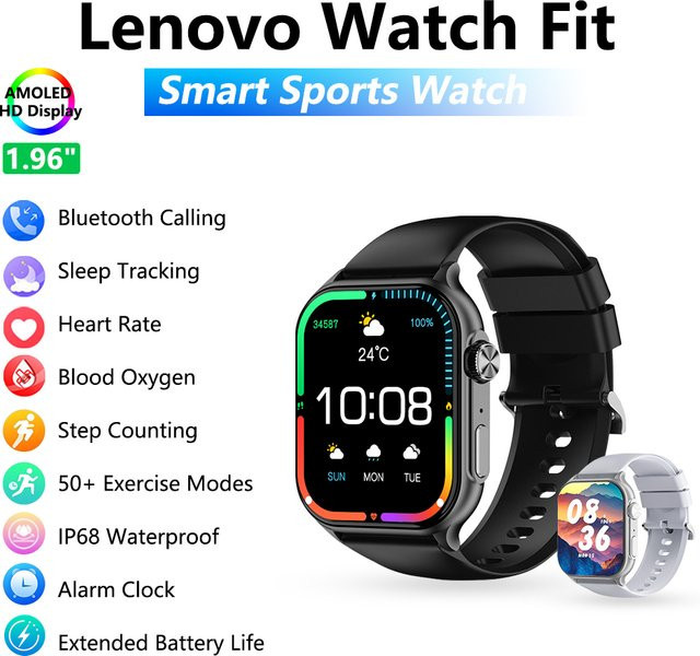 Lenovo Smartwatch 2025 für Herren mit Gesundheitsüberwachung, Herzfrequenzmessung und Bluetooth-Anruf, wasserdicht nach IP68, kompatibel mit Android und iOS - Bild 1