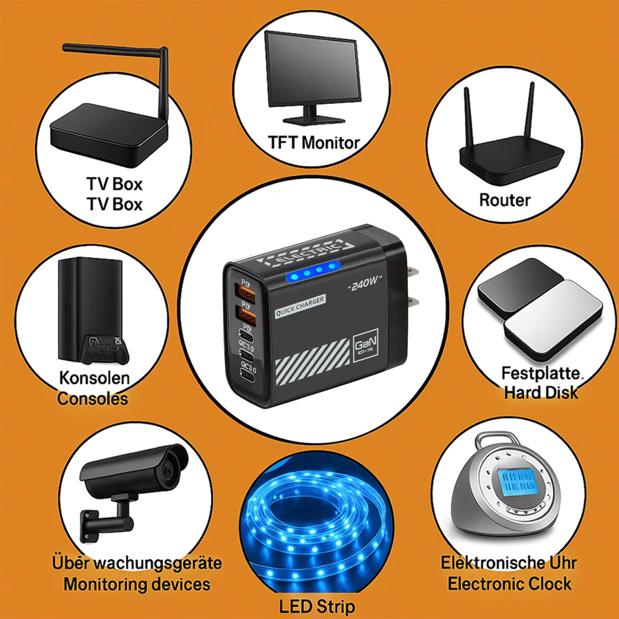 BMAD 5-in-1 GaN Desktop-Ladegerät 240W mit 2 USB-Anschlüssen und USB-C-Kabel für iPhone, Samsung und Laptop - Bild 6