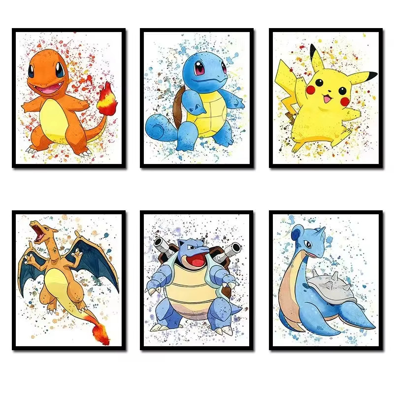 KAYOU Anime Pokemon Leinwandgemälde mit Bulbasaur und Squirtle als Aquarell-Wandkunst in Mehrfarbig für deine Heimdekoration - Bild 2