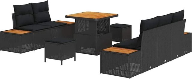 vidaXL Garten-Sofa-Set aus Poly-Rattan in Schwarz, 8-teiliges modernes Loungemöbel-Set mit Kissen und Tisch - Bild 1