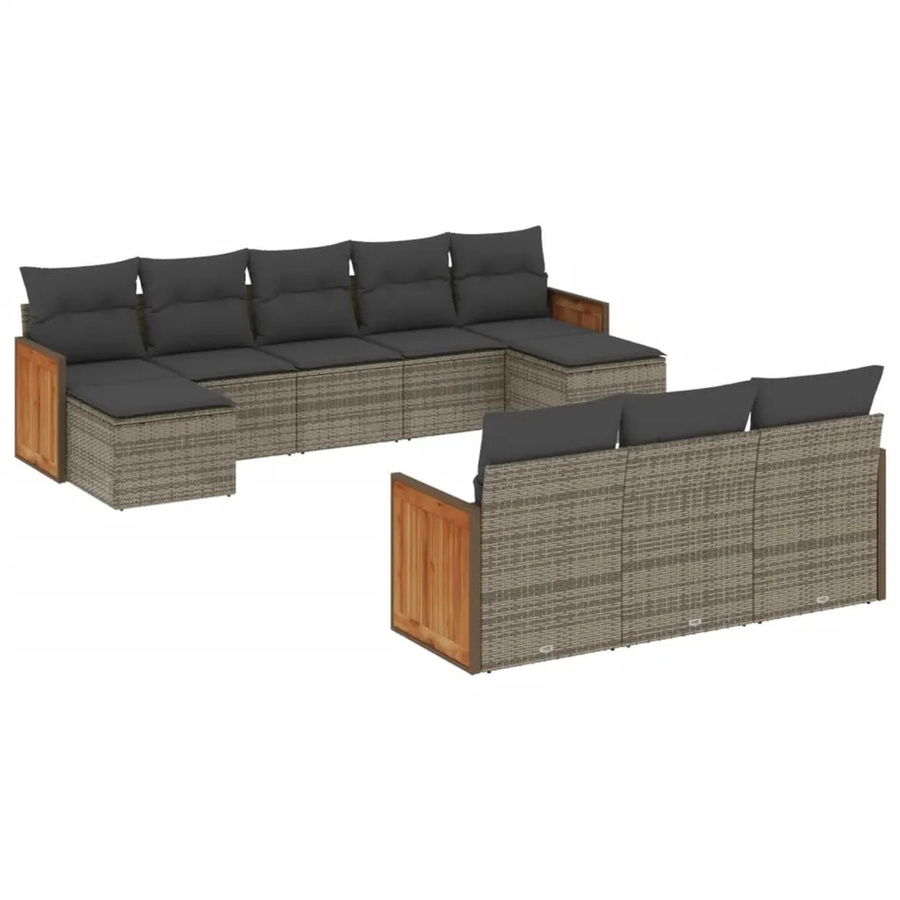 vidaXL 10-teilige Garten-Sofagarnitur in U-Form aus Polyrattan und Akazienholz in Grau mit Kissen und Sitzpolstern - Bild 2