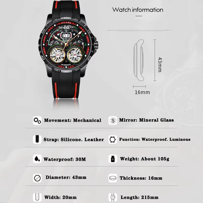 AILANG Armbanduhr, Doppel Tourbillon, Automatik, Edelstahl, Silikon, Herren - Bild 6