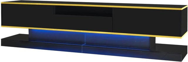 okwish TV Schrank in Schwarz mit LED-Beleuchtung, Schubladen und offenen Fächern im Hochglanz-Design, B/T/H: 180 x 38 x 45 cm - Bild 1
