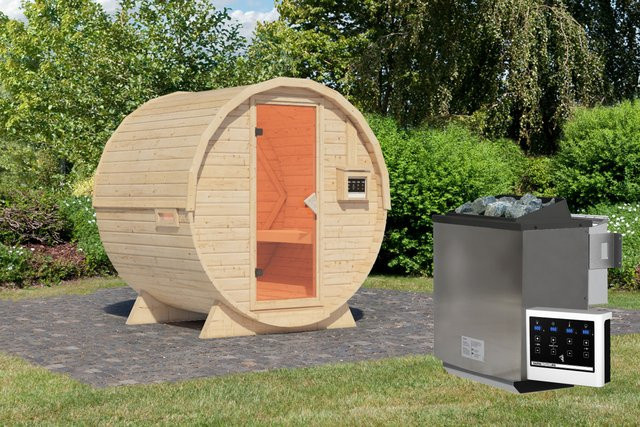 Karibu Fasssauna Bio-Kombisauna aus Fichte in Beige mit 9,0 kW BioKombiofen und Steuergerät, B/T/H: 225 x 175 x 229 cm - Bild 1