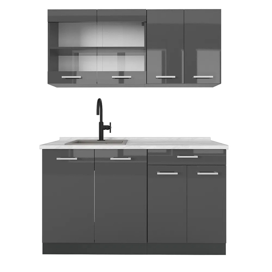 Vicco R-Line Singleküche Anthrazit Hochglanz mit Marmor-Optik, Breite: 140 cm - Bild 2