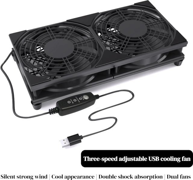 AuyiHomu Dualer USB-Lüfter in Schwarz mit 3-Stufen-Geschwindigkeitsregelung für Router, PC und Spielekonsole - Bild 1