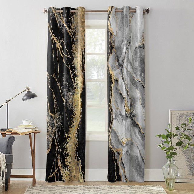 Super Six Moderne Vorhänge mit abstraktem schwarzem Marmor-Design, halbtransparent, Farbe: Schwarz, Breite: 135 cm, Höhe: 92 cm - Bild 1
