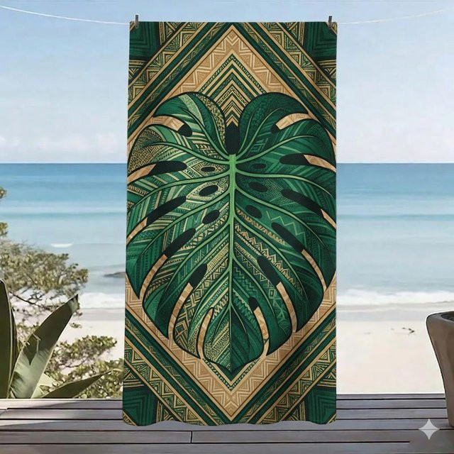 JMG Household Supplies Strandtuch mit Monstera Blatt Muster in Grün, schnelltrocknend und sandfest, B/B: 100 x 180 cm - Bild 1