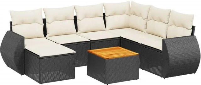 vidaXL 8-teilige Garten-Sofagarnitur in L-Form aus Poly-Rattan und Akazienholz mit Kissen in Schwarz-Creme - Bild 1