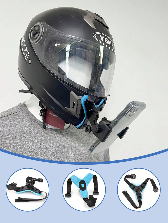 Universelle Kinnhalterung für Motorradhelme mit integrierter Action-Kamera-Halterung und Schnellverschluss in Schwarz oder Blau - Bild 5
