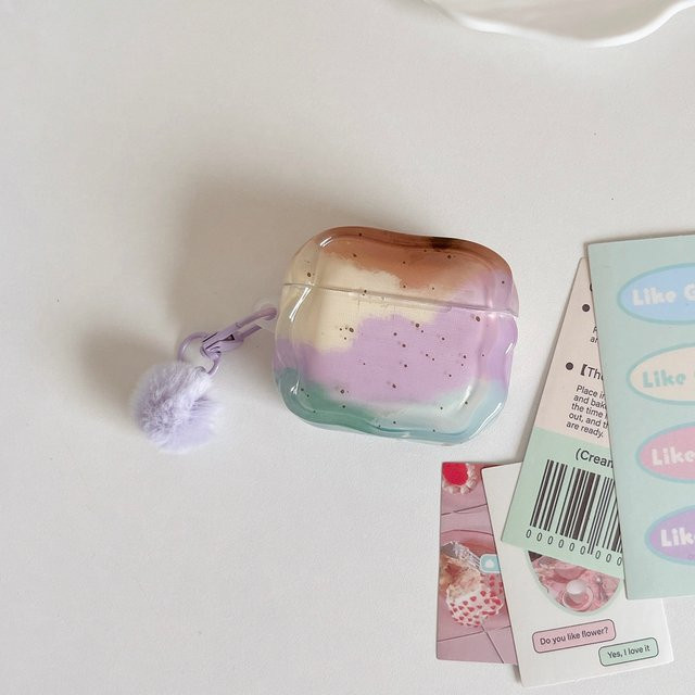 Macaron Kopfhörerhülle mit buntem Farbverlauf und Plüschkugel-Anhänger für Apple AirPods 1, 2, 3, 4 und Pro (Multicolour) - Bild 1