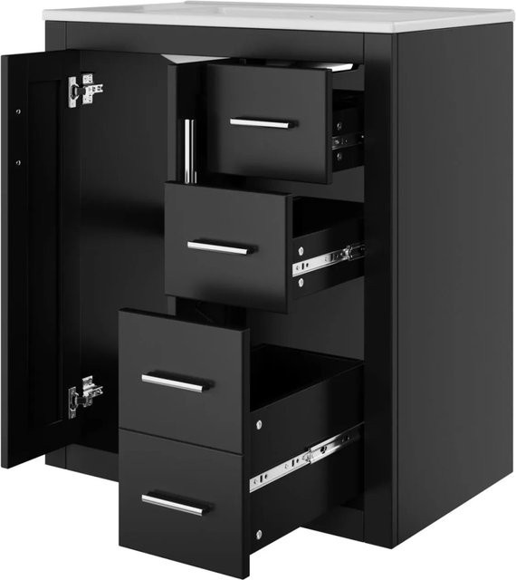 PXloue Waschbeckenunterschrank freistehend in Schwarz mit Keramikbecken und 4 Schubladen, B/T/H: 76,0 x 39,2 x 86,5 cm - Bild 1