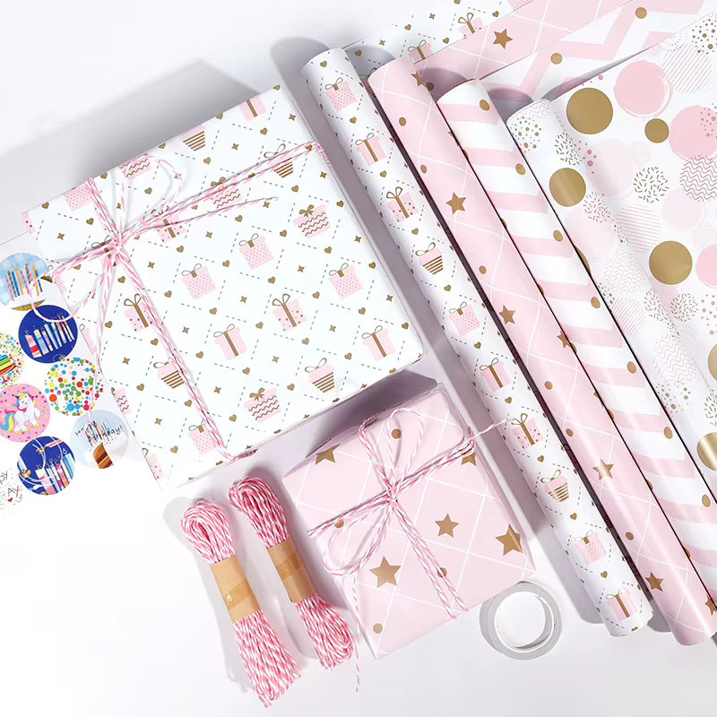 Geschenkpapier Pink mit Sternmuster für Geburtstag und Party, B: 43 cm, L: 300 cm - Bild 1