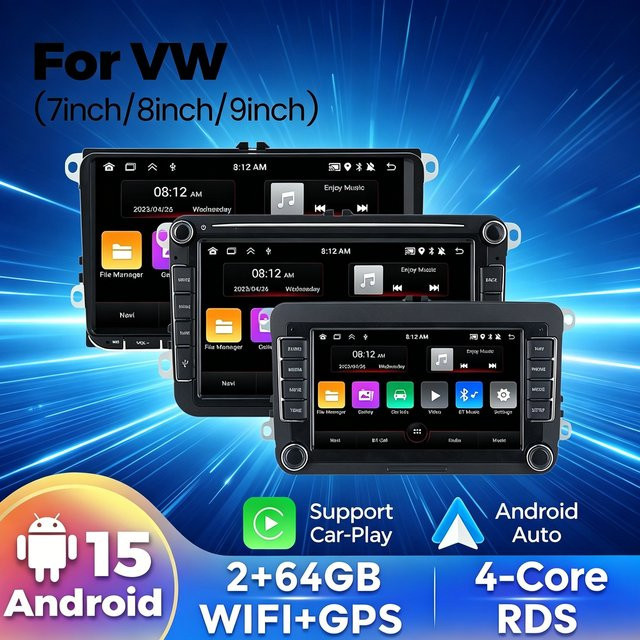 MEKEDE & NAVIFLY Android 15 2din Autoradio mit Carplay, GPS und RDS in Schwarz für VW Golf 5 6, Jetta MK5 MK6, Tiguan, CC, Polo und Passat B5 B6 - Bild 1