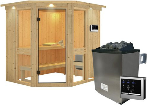 Karibu Sauna Pölva 1 aus Fichtenholz mit 9 kW Saunaofen und externer Steuerung für 3 Personen, beige, B/T/H: 184 x 202 x 210 cm - Bild 1