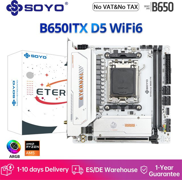 SOYO Eternal B650ITX WiFi Gaming-Motherboard mit AM5 Sockel, Dual-Channel DDR5 Unterstützung und PCIe 5.0 NVMe für Ryzen 9600X und 9800X Mini-ITX Mainboard - Bild 1