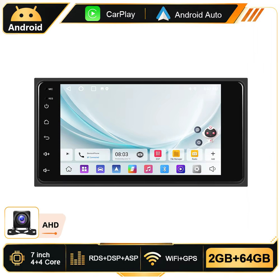 Podofo Android Autoradio mit 7 Zoll Display, 6GB RAM und 128GB Speicher für Toyota Corolla, RAV4, Hilux und Land Cruiser 100, inklusive GPS, WiFi, Bluetooth, CarPlay und Android Auto, Farbe: Schwarz - Bild 6
