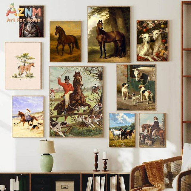 AZNM Vintage Leinwand-Wandkunst mit Reitsport- und Jagdmotiv, ungerahmtes Tierdruck-Gemälde in Multicolour - Bild 1