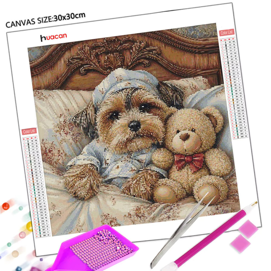 Huacan Diamantmalerei Hund Teddybär 5D DIY Set mit runden Diamanten in Multicolour, B/H: 20 x 20 cm - Bild 2