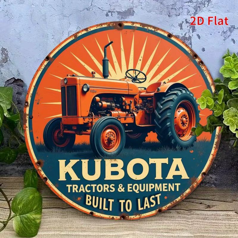 Runde Metallwandkunst Potdemiel Kubota Tractor & Equipment im Vintage-Stil mit orangefarbenem Traktor, Durchmesser: 20 cm - Bild 3