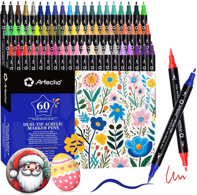 Artecho Acrylmarker Set mit 60 farbigen Acrylfarbstiften und Pinselspitze für DIY-Bastelarbeiten auf Stein, Papier und Kürbissen - Bild 1