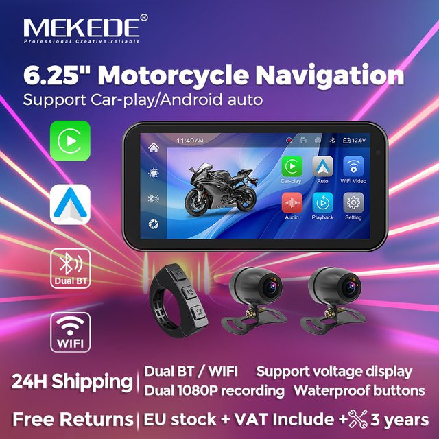 Mekede Tragbares Motorrad-GPS-Navigationsgerät mit 6,25 Zoll Display, IPX7 wasserdicht, Wireless CarPlay und Android Auto Drive Recorder, Schwarz - Bild 1