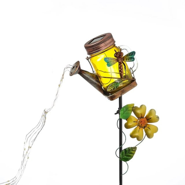 Marelida LED Solar Gießkanne mit Wasserfalleffekt und Libelle als Gartenstecker in Gelb und Multicolour - Bild 1