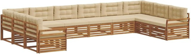vidaXL Sofagarnitur 10-teilig in U-Form aus Massivholz Akazie, Farbe Natur und Beige, mit Sitz- und Rückenkissen - Bild 1