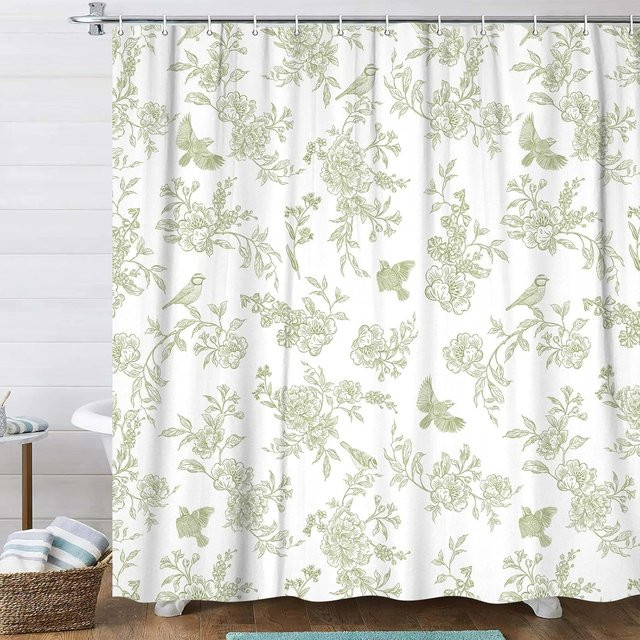 Blaues florales Duschvorhang-Set aus Polyester im Vintage Cottagecore Design mit Vögeln und Blumen, B/H: 90 x 180 cm - Bild 1