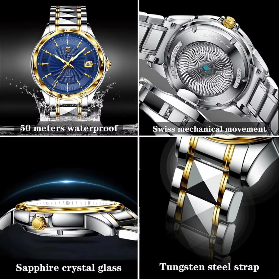 LIGE Armbanduhr Automatik, Edelstahl, Wolfram, Blau, Herren - Bild 3