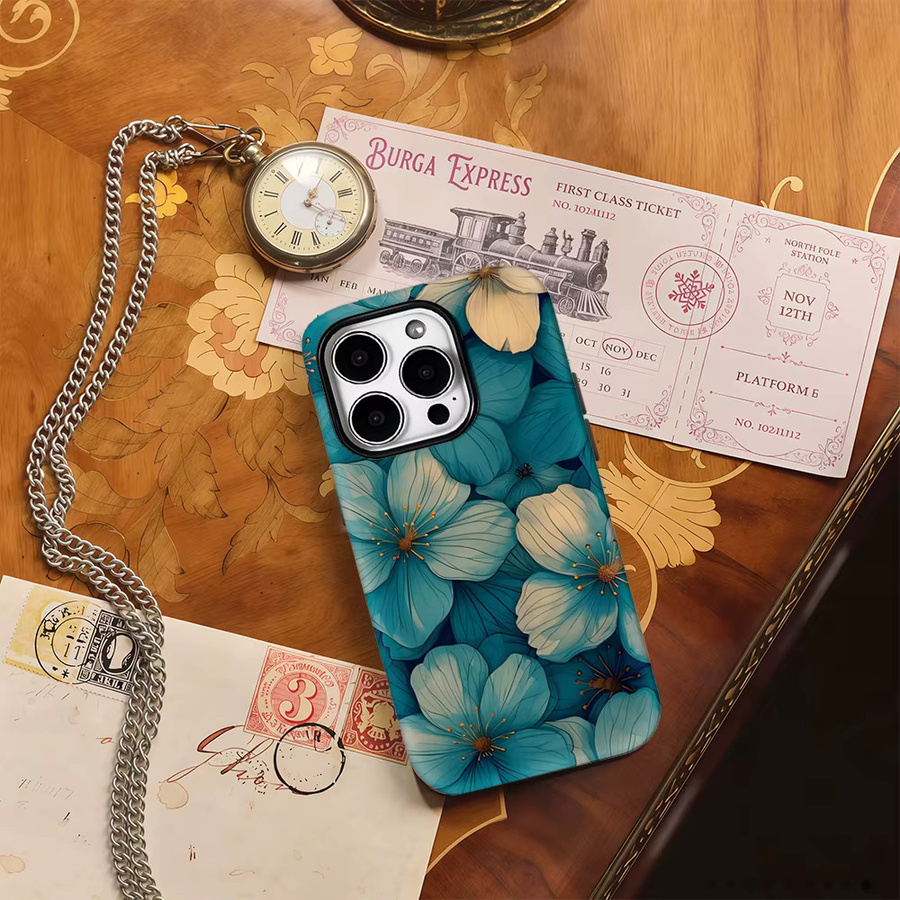 Blaugrüne Blumen-Cluster Handyhülle für Apple iPhone 17 Pro Max Plus 16 15 14 13 12 11 mit doppellagiger Rückseite - Bild 4
