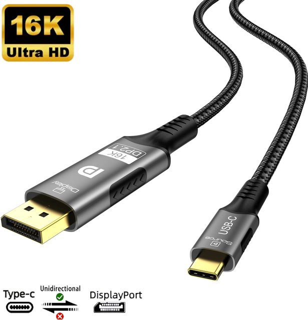 FDBOY USB-C auf DisplayPort Kabel in Schwarz für Thunderbolt 3/4 und MacBook mit 8K@60Hz und 4K@120Hz Unterstützung - Bild 1