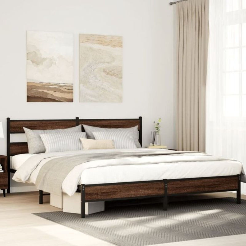 Metallbett Vidaxl in Braun mit Eichen-Optik im Industrial-Stil, B/T/H: 183 x 213 cm - Bild 1