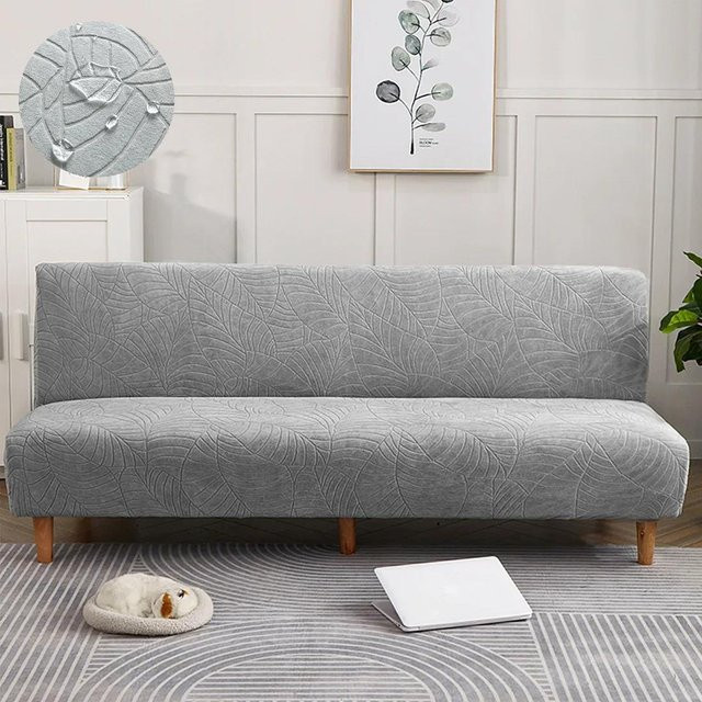 Wasserabweisender Jacquard-Stretch-Sofabezug ohne Armlehnen mit Blattstruktur in Grau, Größe S - Bild 1