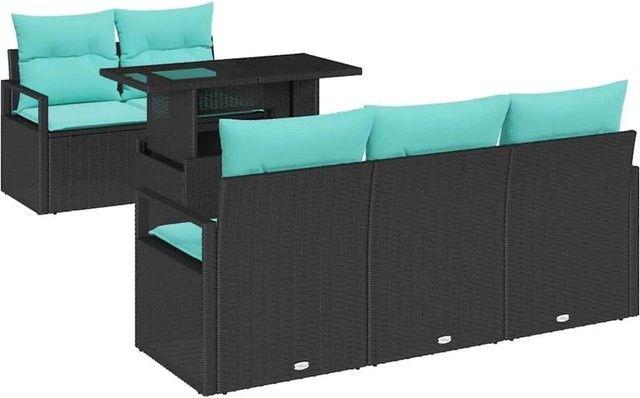 vidaXL Gartensofa-Set aus Poly-Rattan mit integriertem Speicher, 6-teilig, Schwarz und Blau - Bild 1