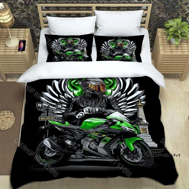 Bettwäscheset mit Kawasaki Motorrad Logo im Retro 3D Druck, Schwarz, B/H: 90 x 200 cm - Bild 1