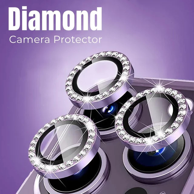 2-3 Stück Kamera Schutz Set für iPhone 15 und 16 Pro Max / Plus mit Diamant Metall Ring und gehärtetem Glas in Gold und Silber - Bild 1