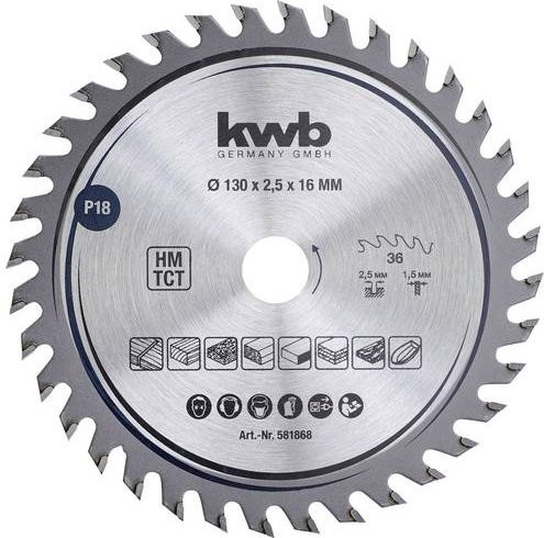 Kwb Kreissägeblatt für Holz und Kunststoff, Carbide Tipped, Silber, Durchmesser: 130 mm, Bohrung: 16 mm - Bild 1