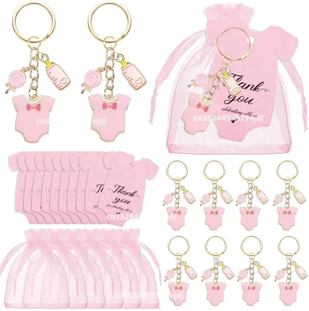 12er-Set Organzabeutel in Pink für Babyparty, Taufe oder Geburtstag mit Dankeschön-Tags und Fußabdruck-Motiv - Bild 1