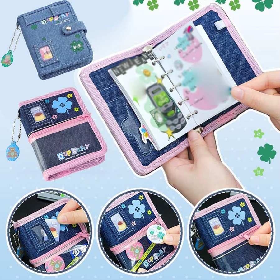 Blaues Denim-Notizbuch mit Kleeblatt-Muster und Anhänger im Kawaii-Design - Bild 2