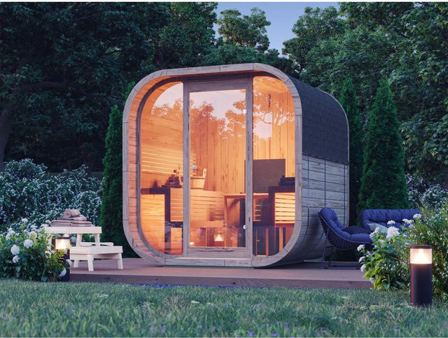 Fjordholz Fass-Sauna Modell Luxe-4 Premium aus Thermoholz und Thermo-Espenholz in Schwarz und Braun - Bild 1
