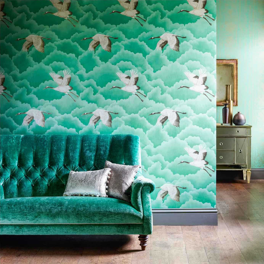 Harlequin Tapete Cranes in Flight Emerald Green Non-Woven mit Kranich-Motiv im Art Deco Stil - Bild 1