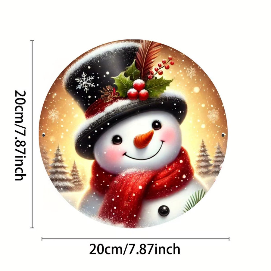 Potdemiel Rustikales Weihnachts-Schneemann-Kranzschild aus Eisen in Rot und Mehrfarbig mit Zylinder und burgunderfarbenem Schal, Durchmesser: 20 cm - Bild 4