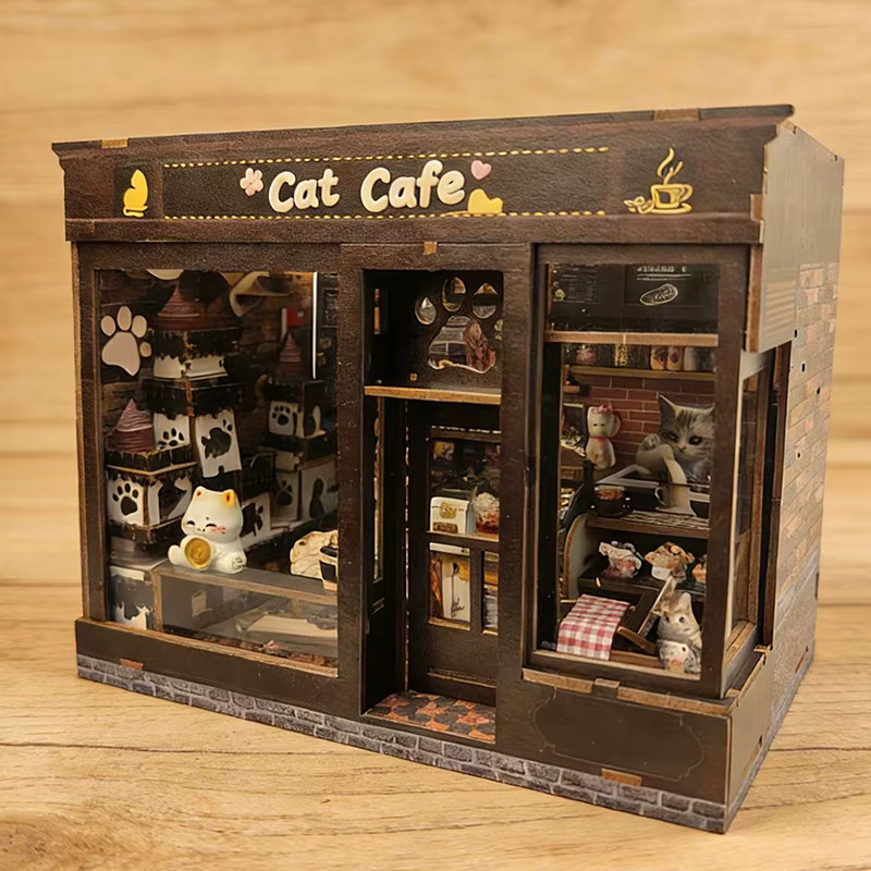 ELEVEN-CUTE DIY Holz-Katzenkaffeehaus Miniatur-Modellbausatz mit Möbeln und LED-Beleuchtung in Braun - Bild 2