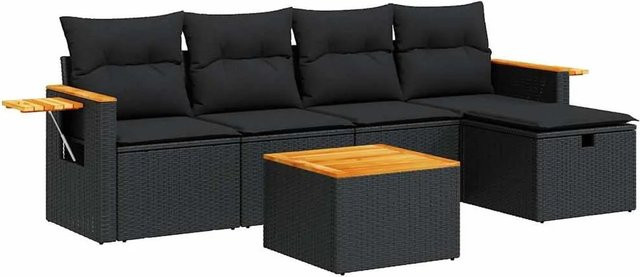 vidaXL 6-teilige Garten-Sofagarnitur aus Poly-Rattan und Akazienholz in Schwarz mit Kissen - Bild 1