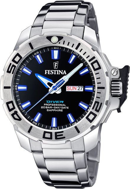 Festina Herrenuhr, Taucheruhr, Quarz, Edelstahl, Blau, 46 mm, 20 ATM - Bild 1