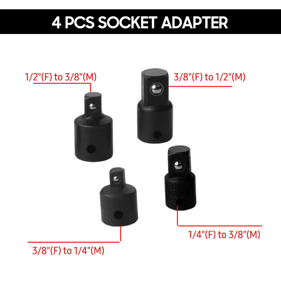 4er-Set Schlagschrauber Adapter Reduzierstück aus Stahl in Schwarz mit 1/4 Zoll, 3/8 Zoll und 1/2 Zoll für Bohrmaschinen und Schlagschrauber - Bild 4