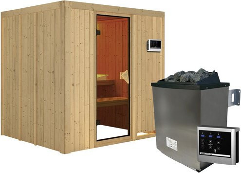 Karibu Sauna Rakvere aus Fichtenholz in Beige inklusive 9 kW Saunaofen mit externer Steuerung für 3 Personen, B/T/H: 170 x 198 x 196 cm - Bild 1