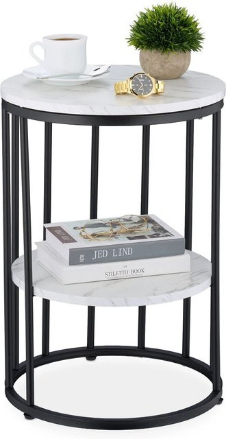Relaxdays Beistelltisch in Marmoroptik mit höhenverstellbarem Gestell aus Eisen und MDF, rund, Weiß/Schwarz, B/T/H: 40 x 40 x 57 cm - Bild 1
